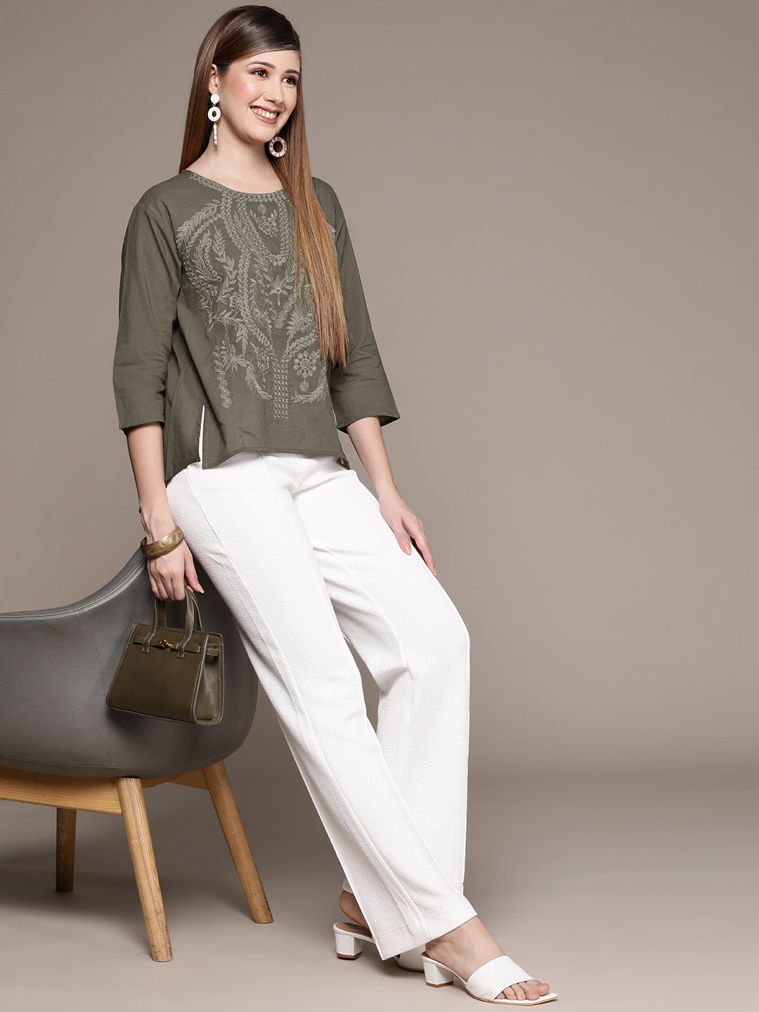 Ishin Women's Olive Embroidered High-Low Top