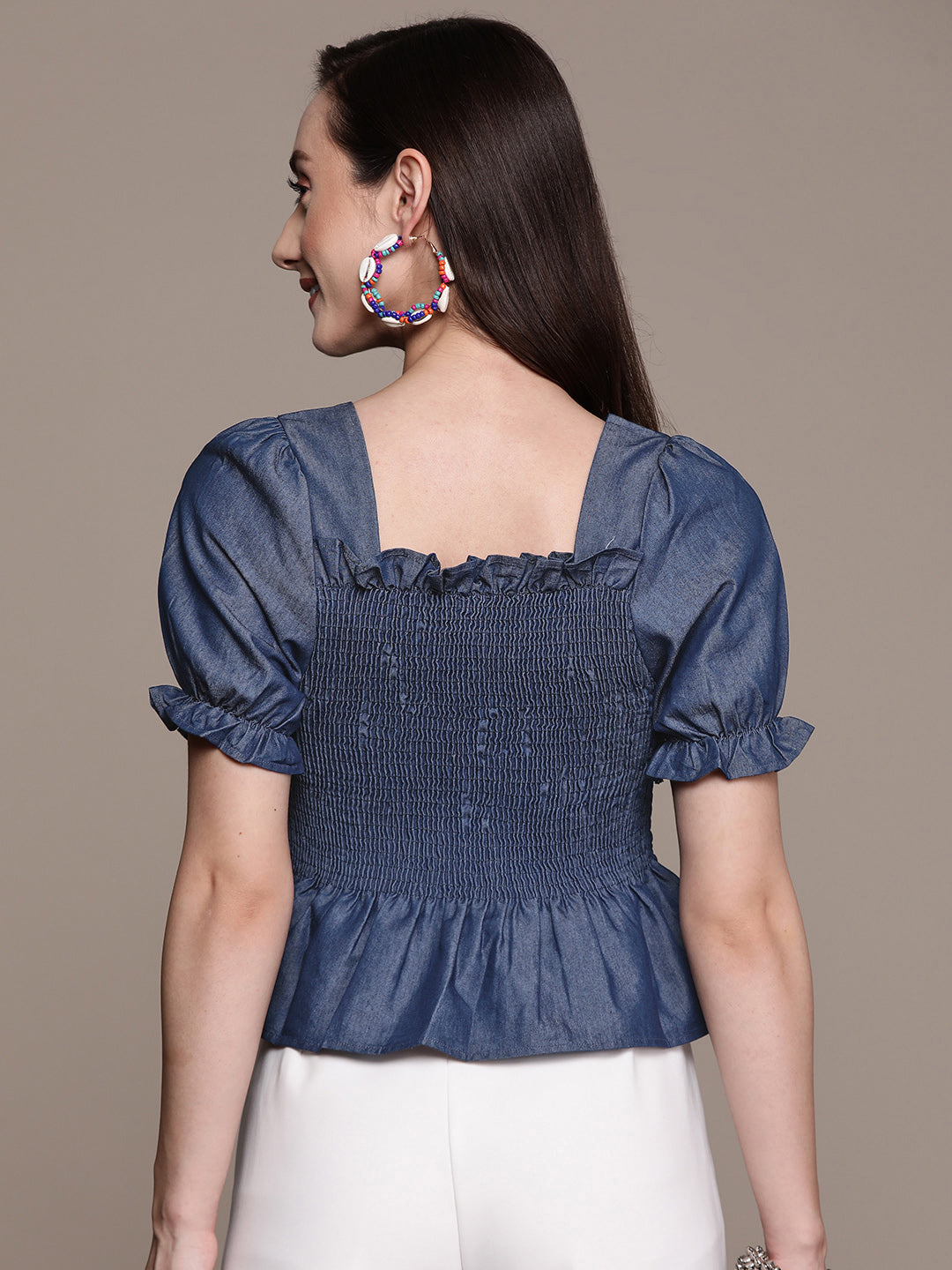 Ishin Women's Navy Blue Denim Peplum Top