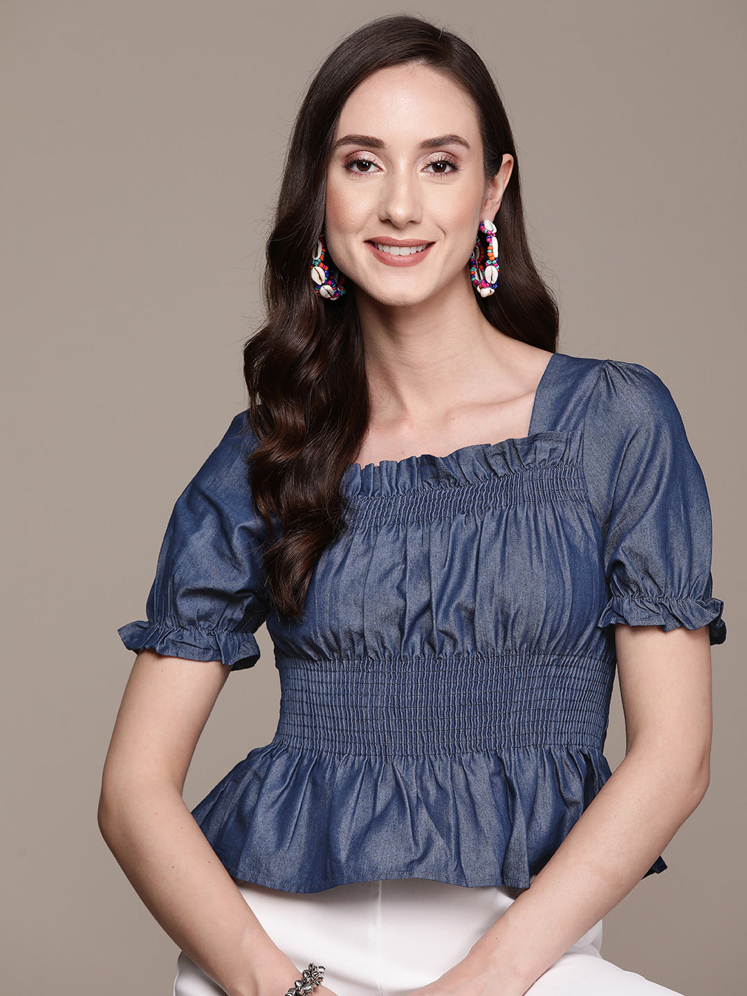 Ishin Women's Navy Blue Denim Peplum Top