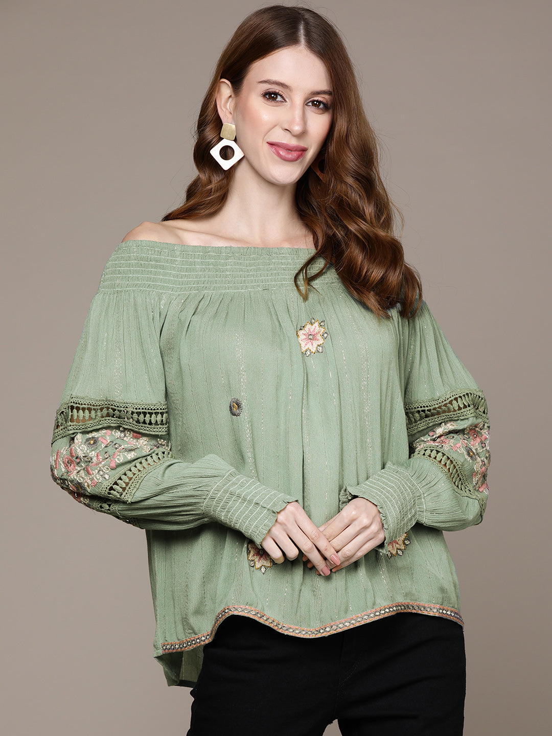 Ishin Women's Green Embroidered Off-Shoulder Top