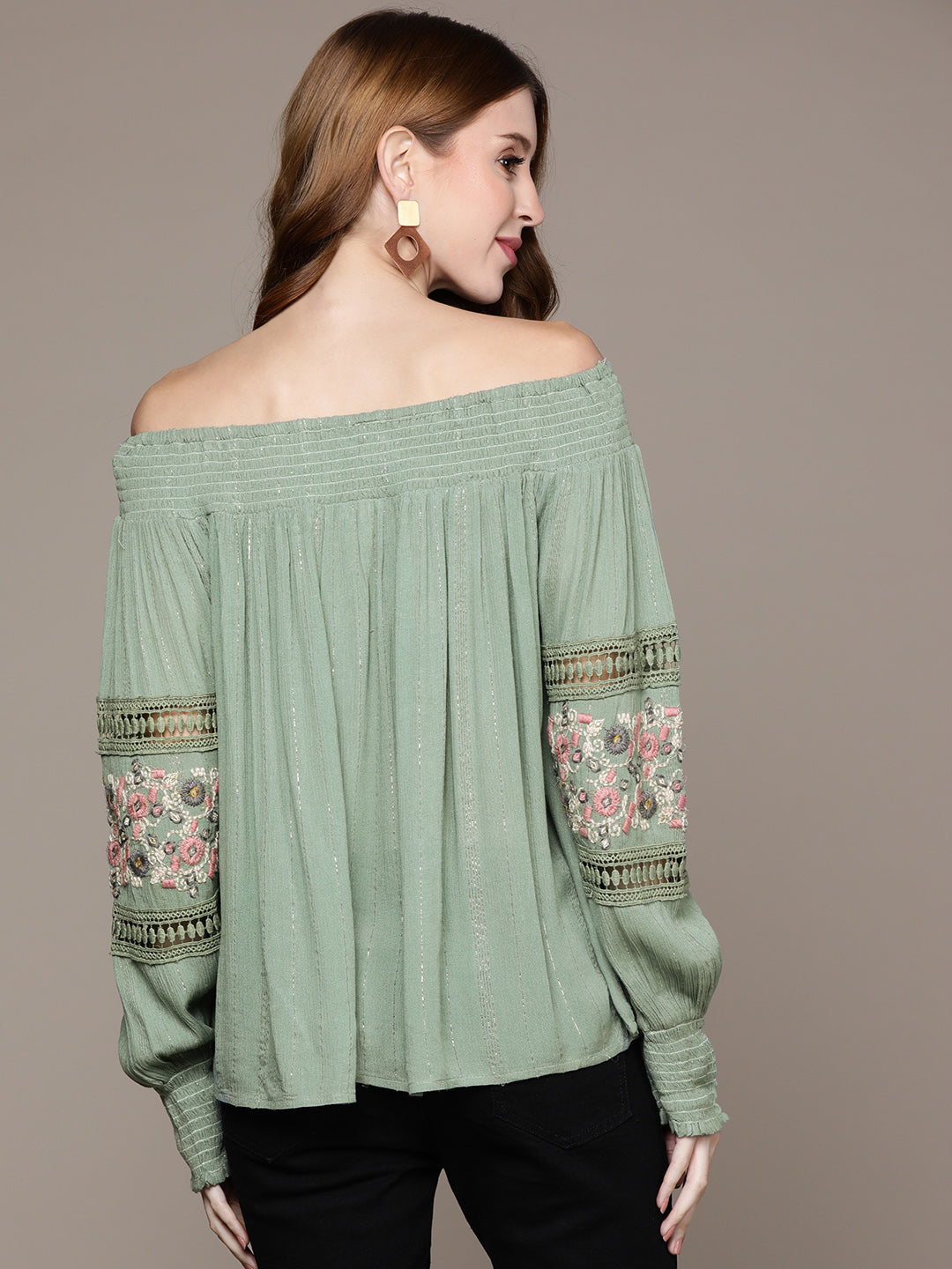 Ishin Women's Green Embroidered Off-Shoulder Top