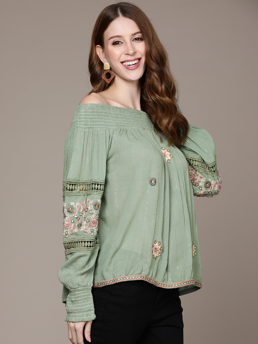 Ishin Women's Green Embroidered Off-Shoulder Top