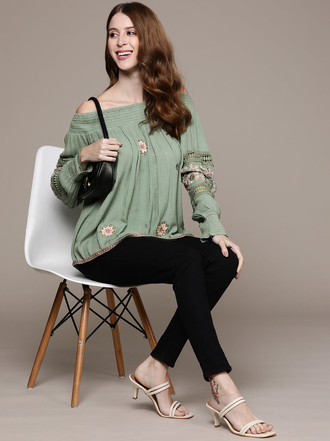 Ishin Women's Green Embroidered Off-Shoulder Top