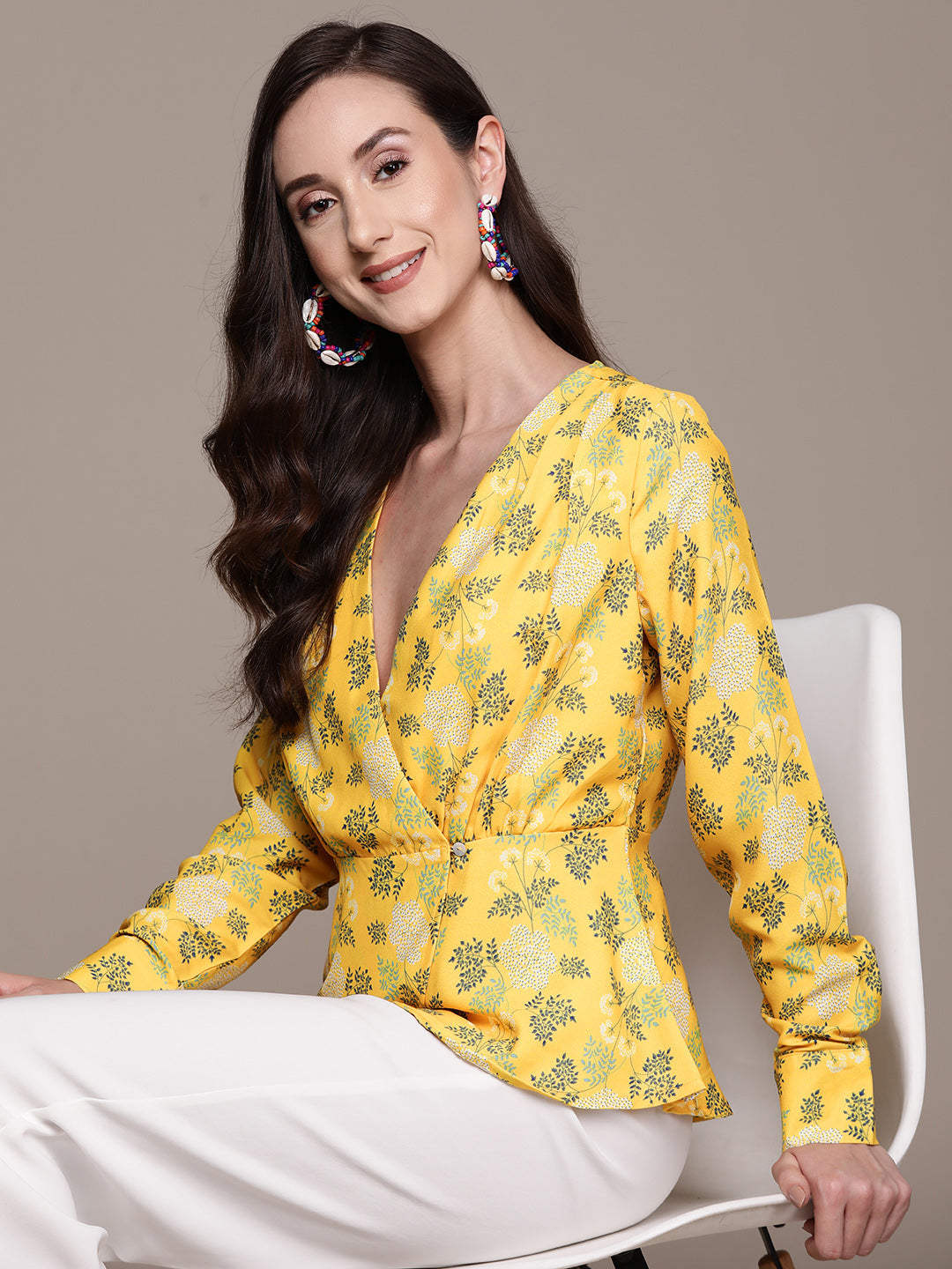 Ishin Women's Yellow Printed Wrap Top