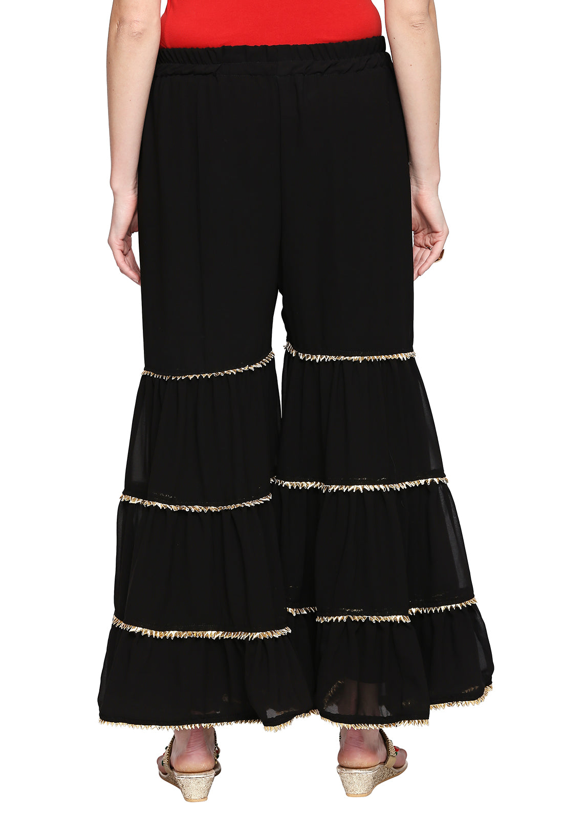 Ishin Women's Black Cotton Embellished Sharara Palazzo