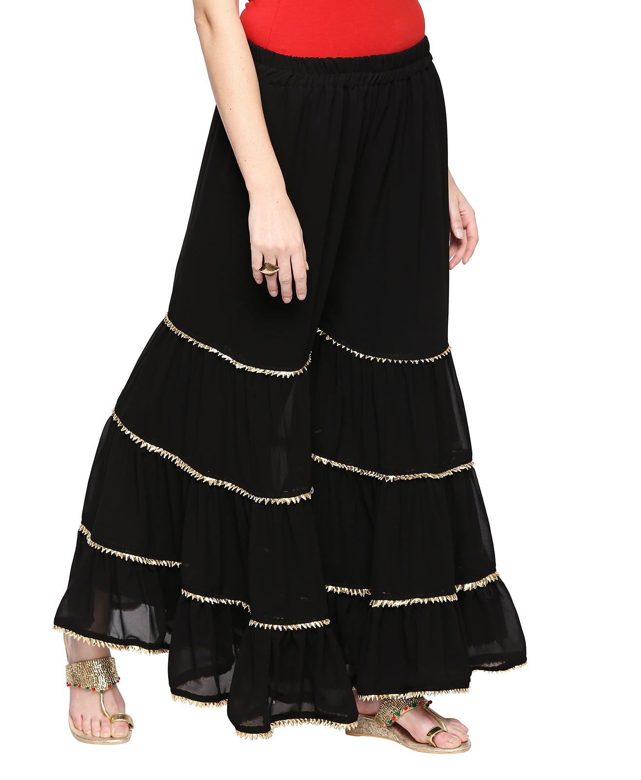 Ishin Women's Black Cotton Embellished Sharara Palazzo