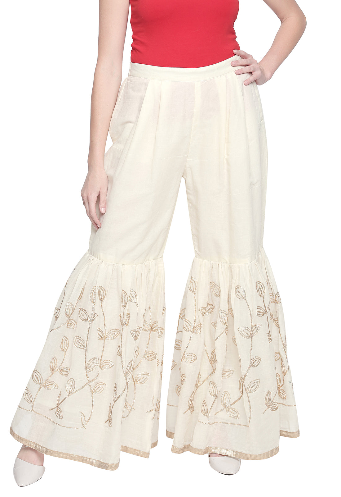 Ishin Women's Off White Cotton Embroidered Sharara Palazzo