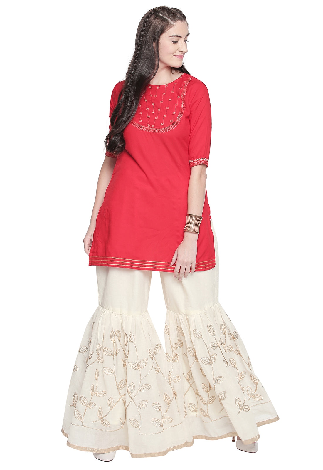 Ishin Women's Off White Cotton Embroidered Sharara Palazzo