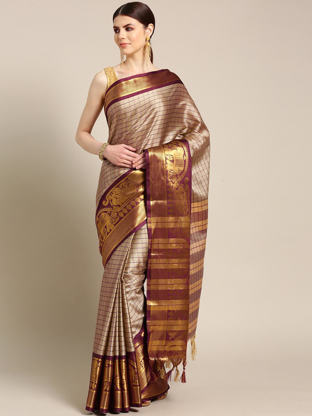 Ishin Poly Silk Beige Woven Women's Saree