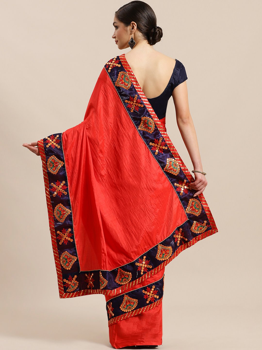 Ishin Art Silk Red Embellished Women's Saree Comes with a clutch