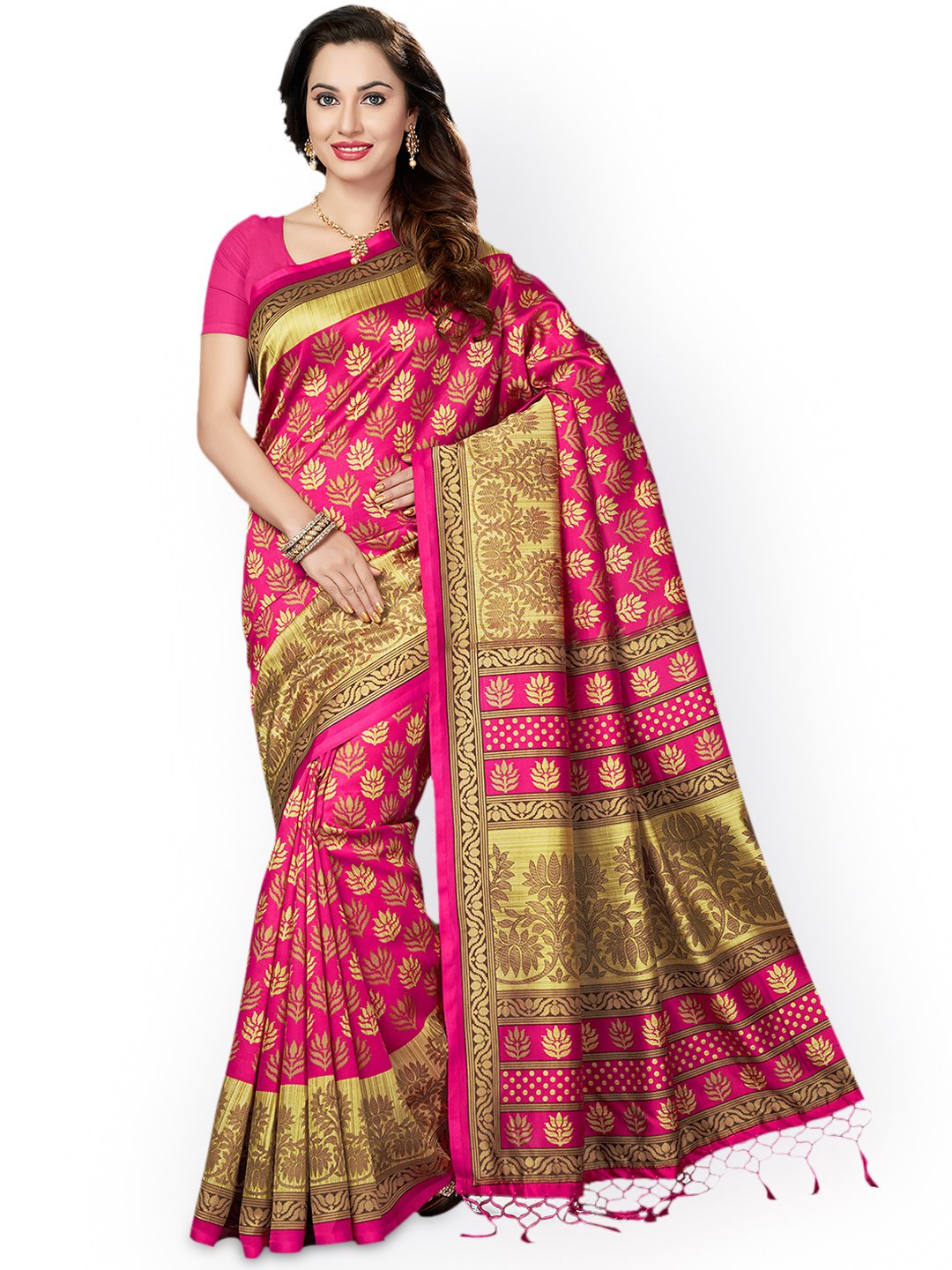 Ishin Art Silk Pink Printed Women's Saree Including Blouse Piece