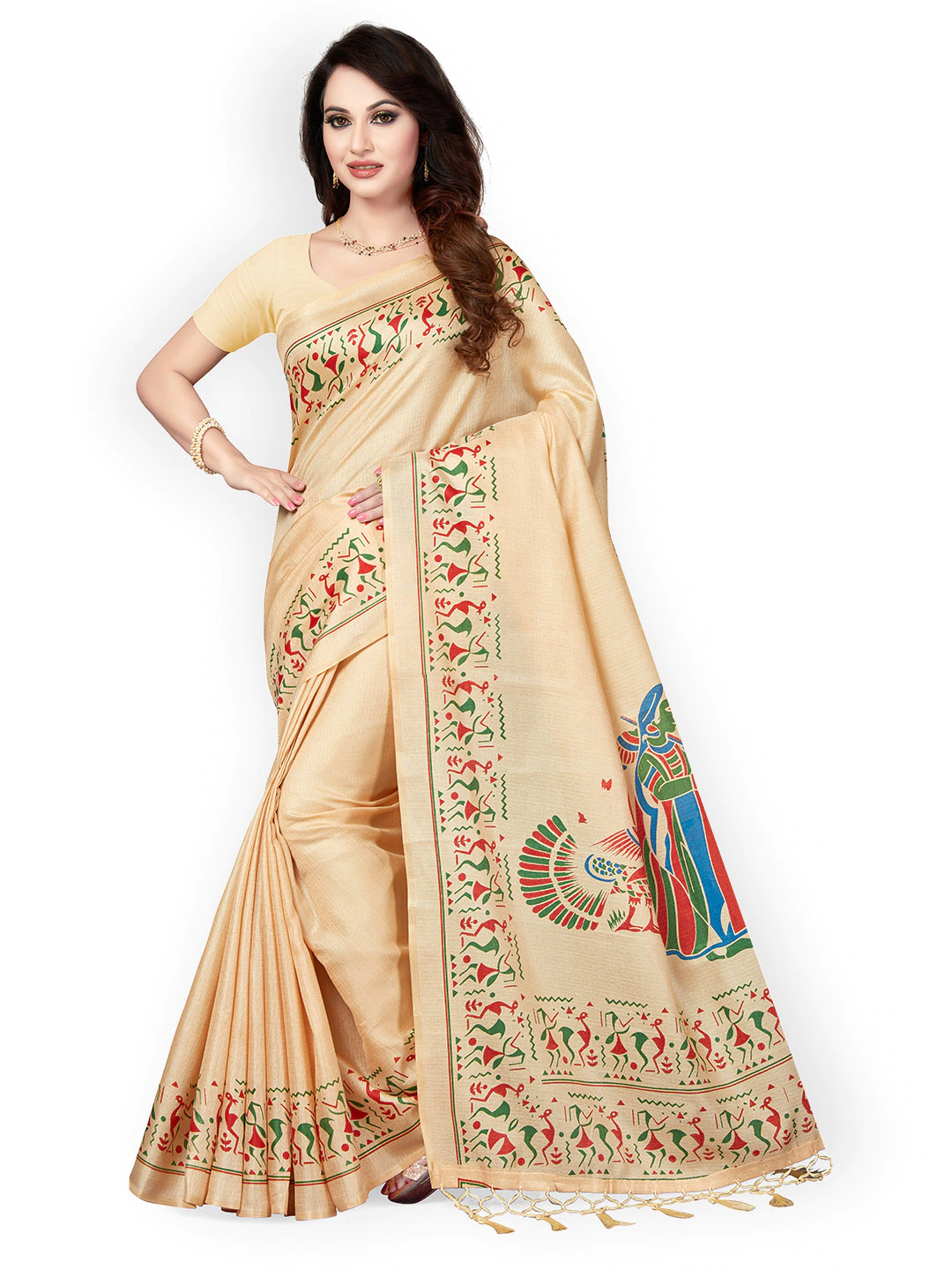 Ishin Women's Mysore Silk Beige Printed Saree