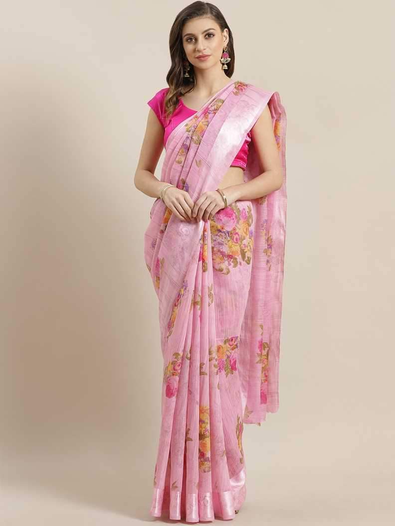 Ishin Poly Cotton Pink Printed Women's Saree