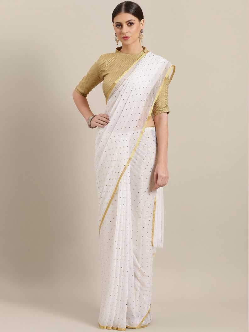 Ishin Poly Chiffon White Foil Printed Women's Saree