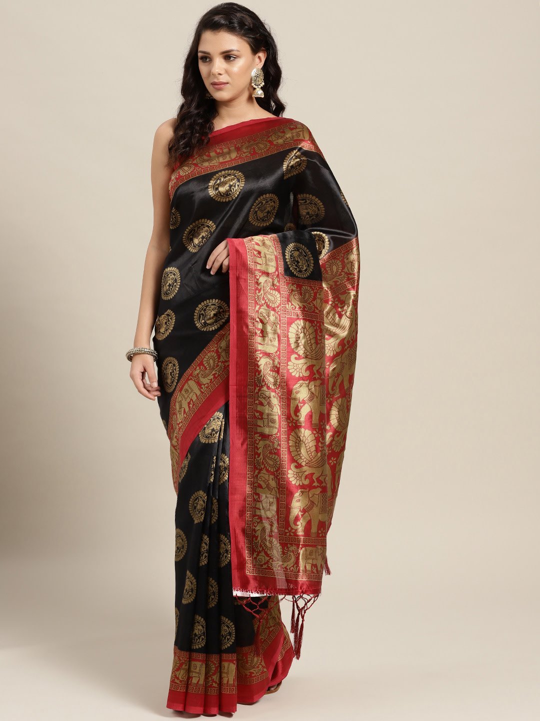 Ishin Art Silk Black Ethnic Motifs Printed Women's Saree Including Blouse Piece