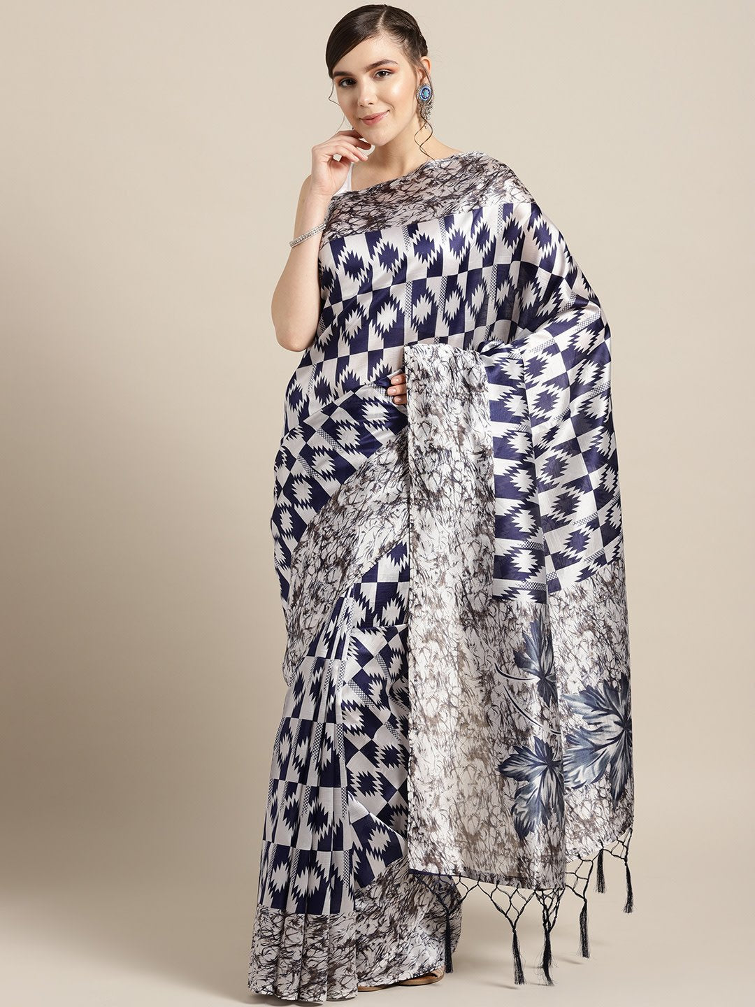 Ishin Grey & Navy Blue Printed Mysore Silk Saree