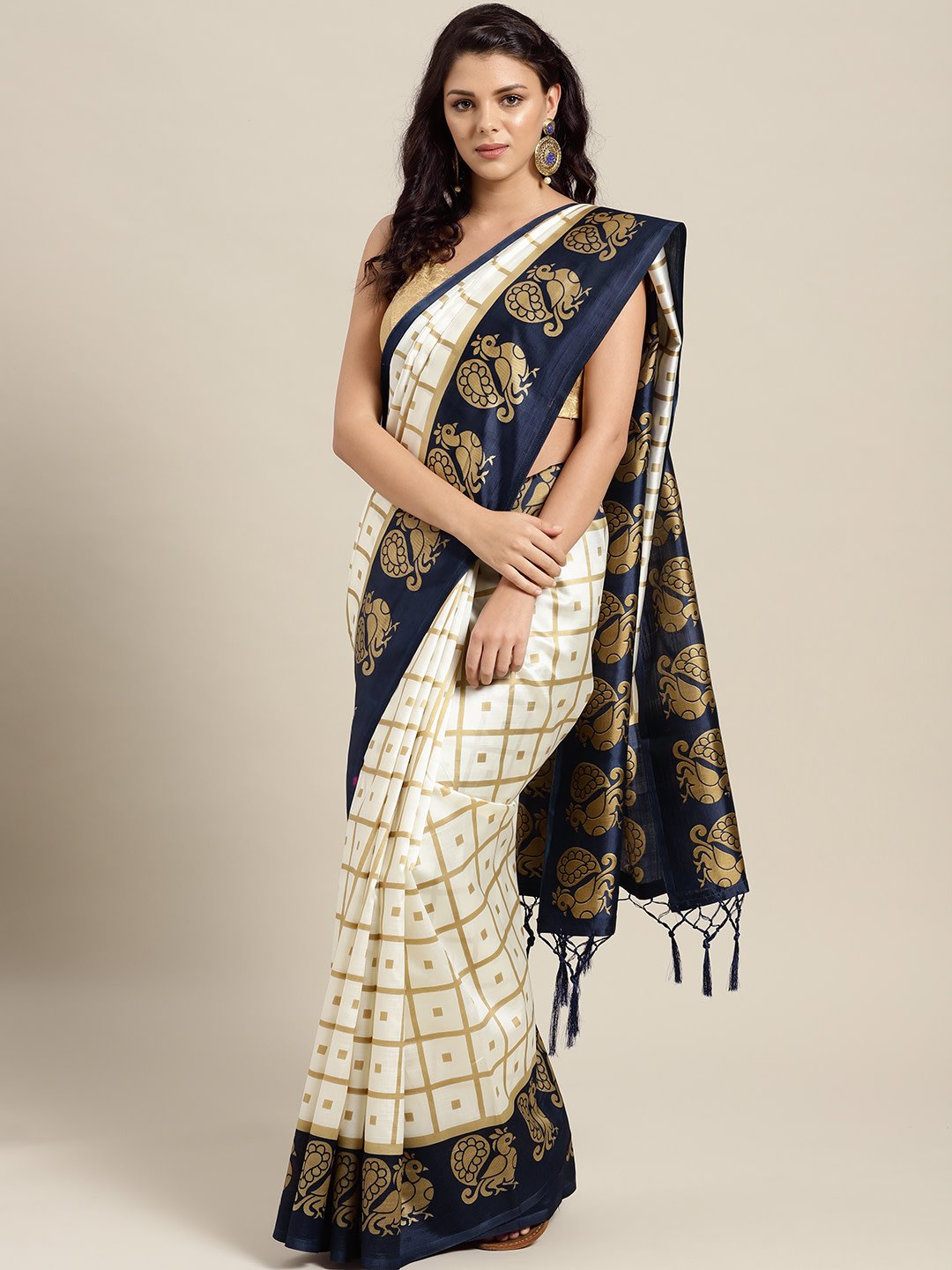 Ishin Poly Silk White Printed Women's Saree With Tassels