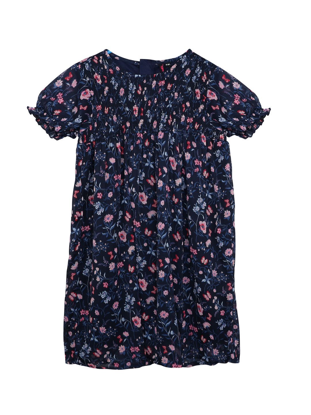 Ishin Girls Polyester Navy Blue Smoked Printed Flared Dress