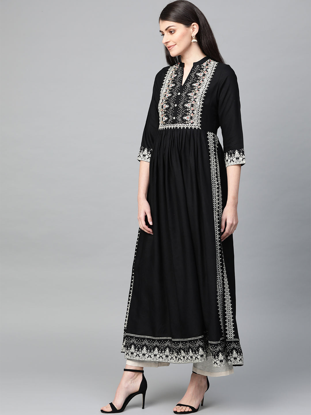 Ishin Women's Rayon Black Embellished A-Line Flared Kurta