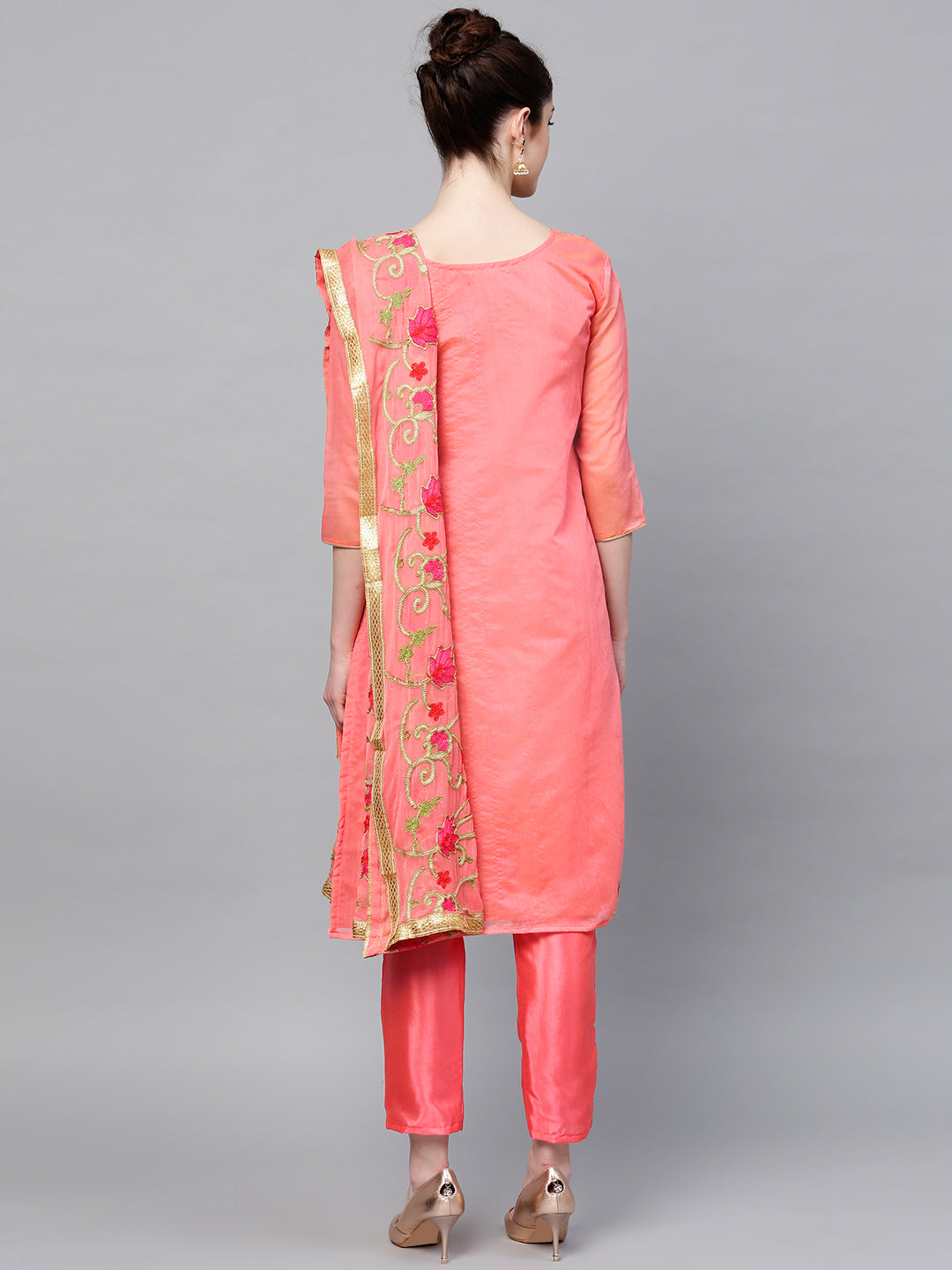 Ishin Women's Chanderi Silk Pink Embroidered A-Line Kurta With Trouser & Dupatta