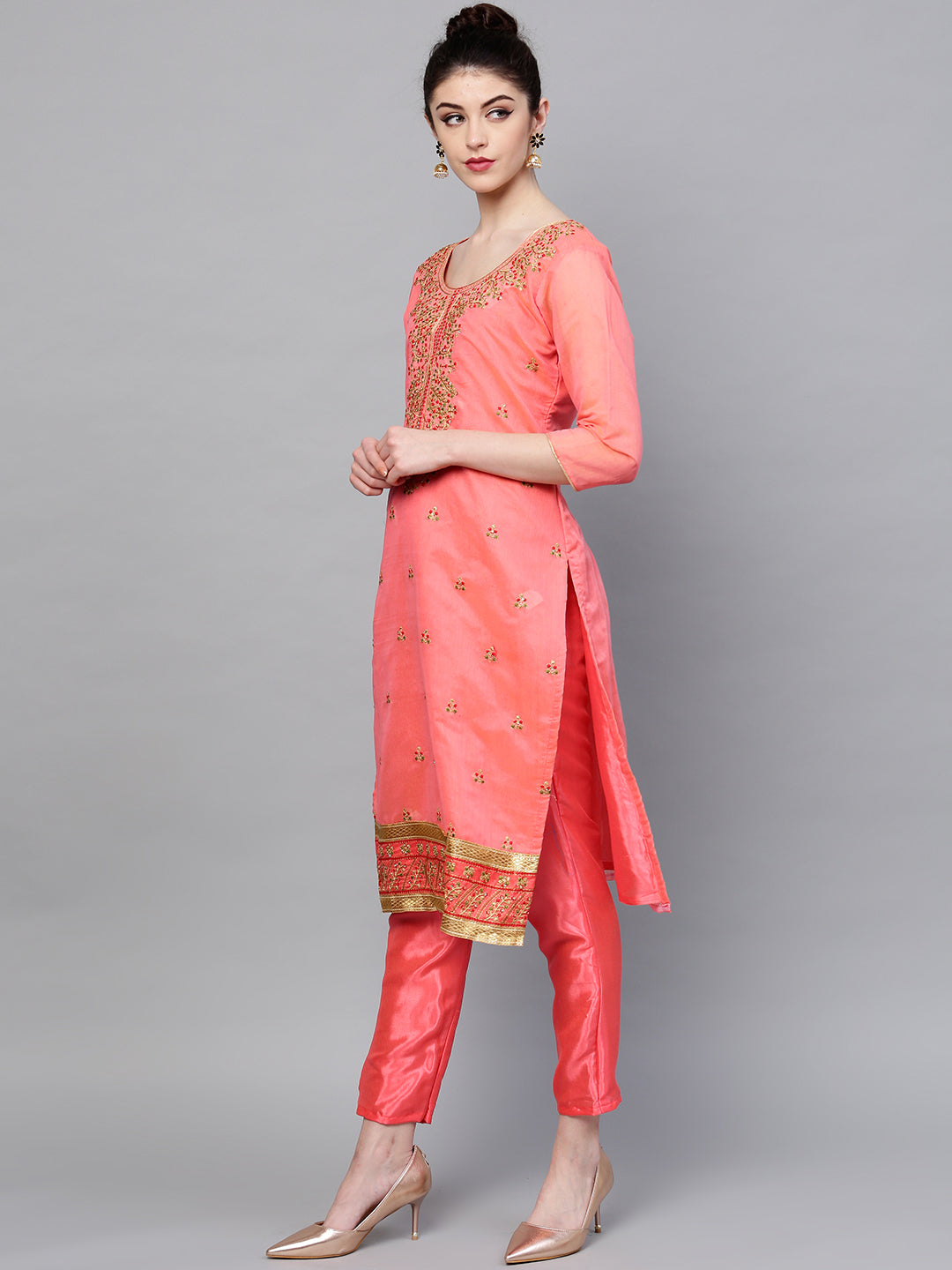 Ishin Women's Chanderi Silk Pink Embroidered A-Line Kurta With Trouser & Dupatta