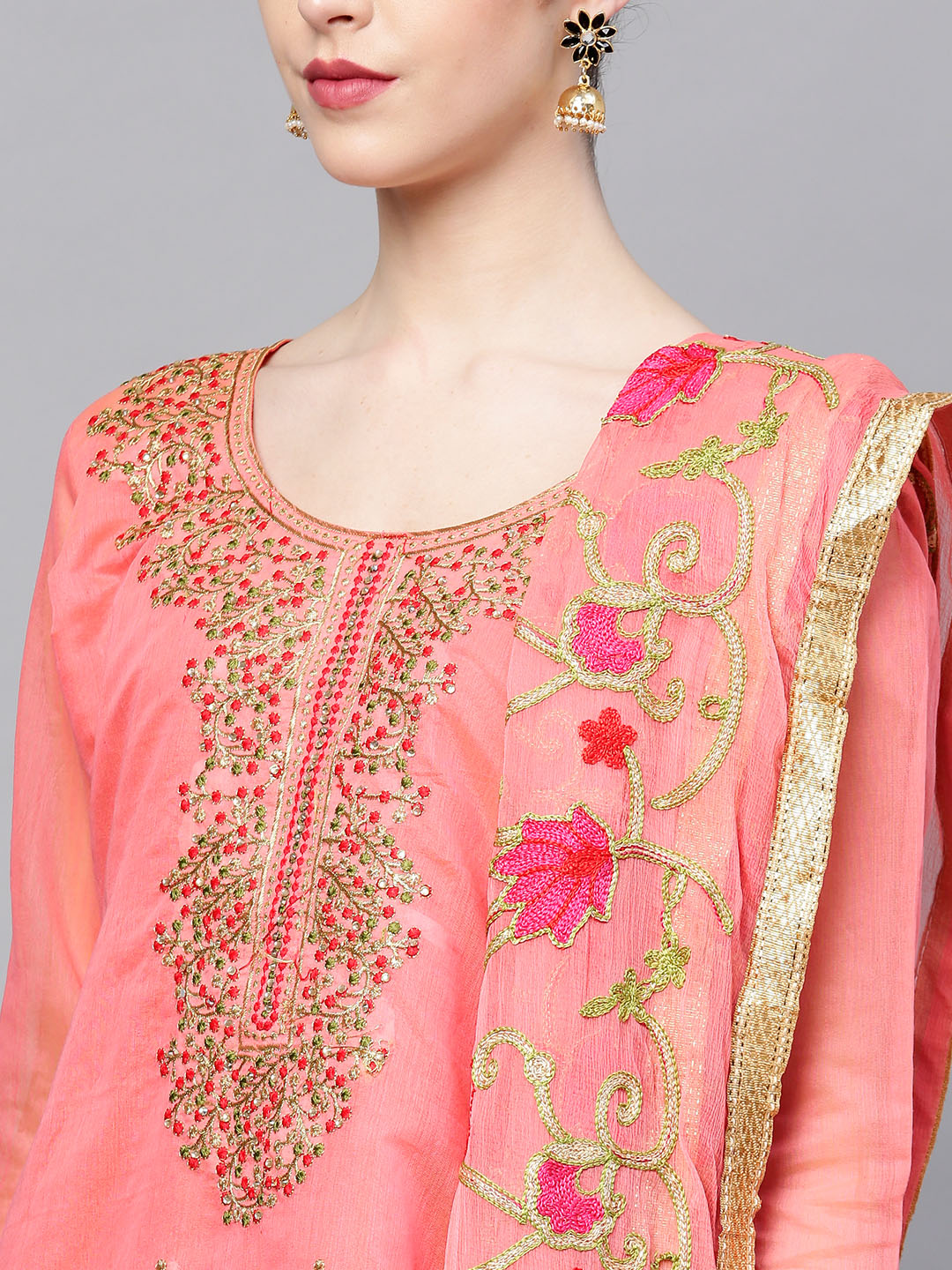 Ishin Women's Chanderi Silk Pink Embroidered A-Line Kurta With Trouser & Dupatta