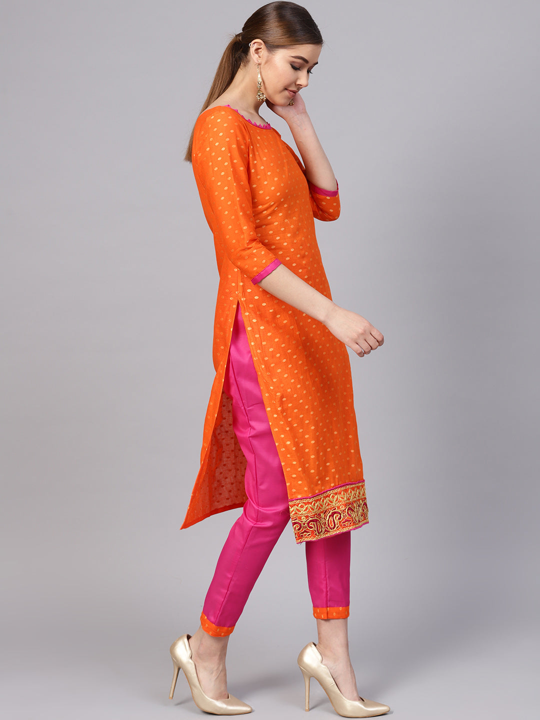 Ishin Women's Poly Cotton Orange Embroidered A-Line Kurta With Trouser & Dupatta