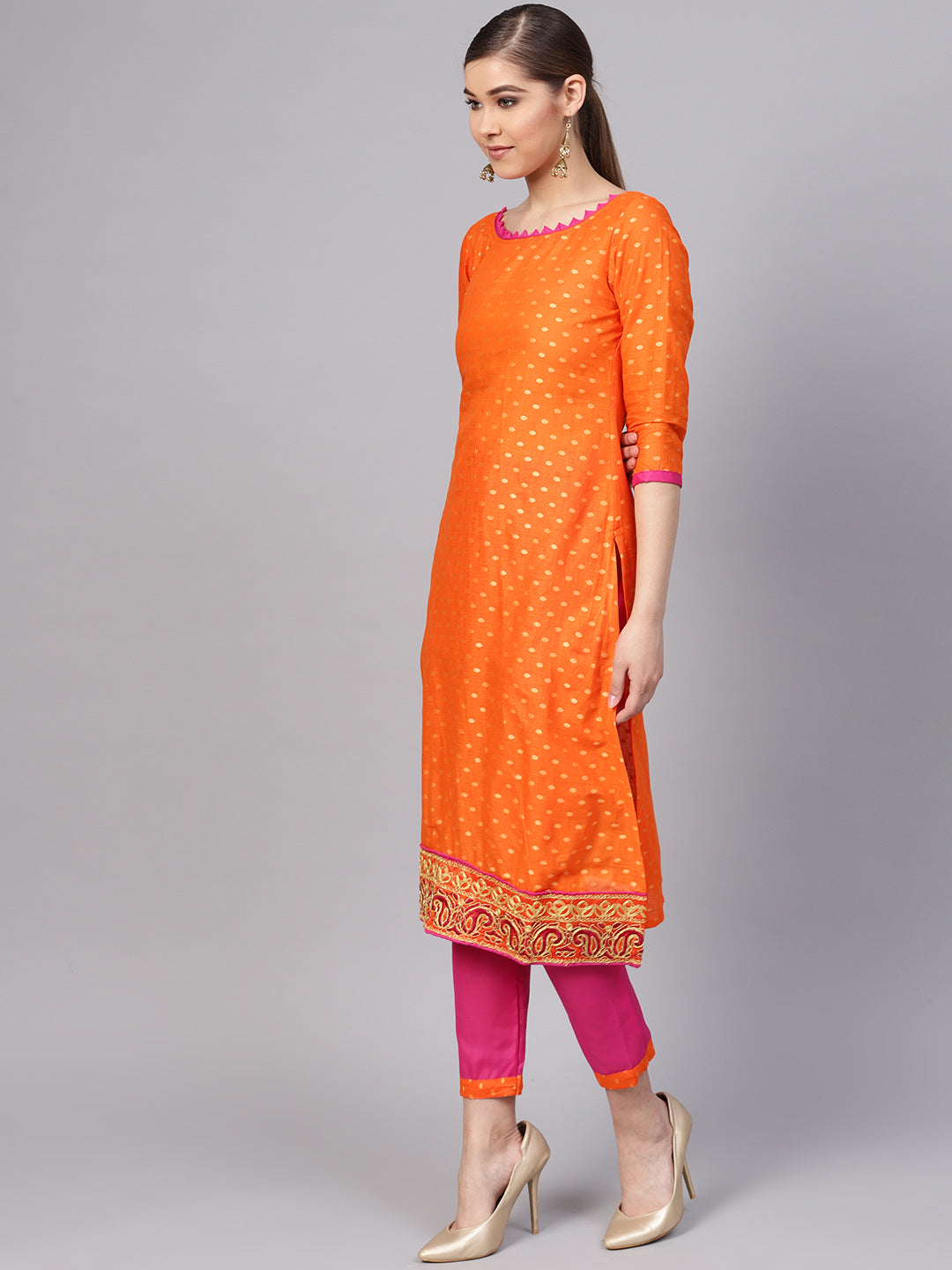 Ishin Women's Poly Cotton Orange Embroidered A-Line Kurta With Trouser & Dupatta