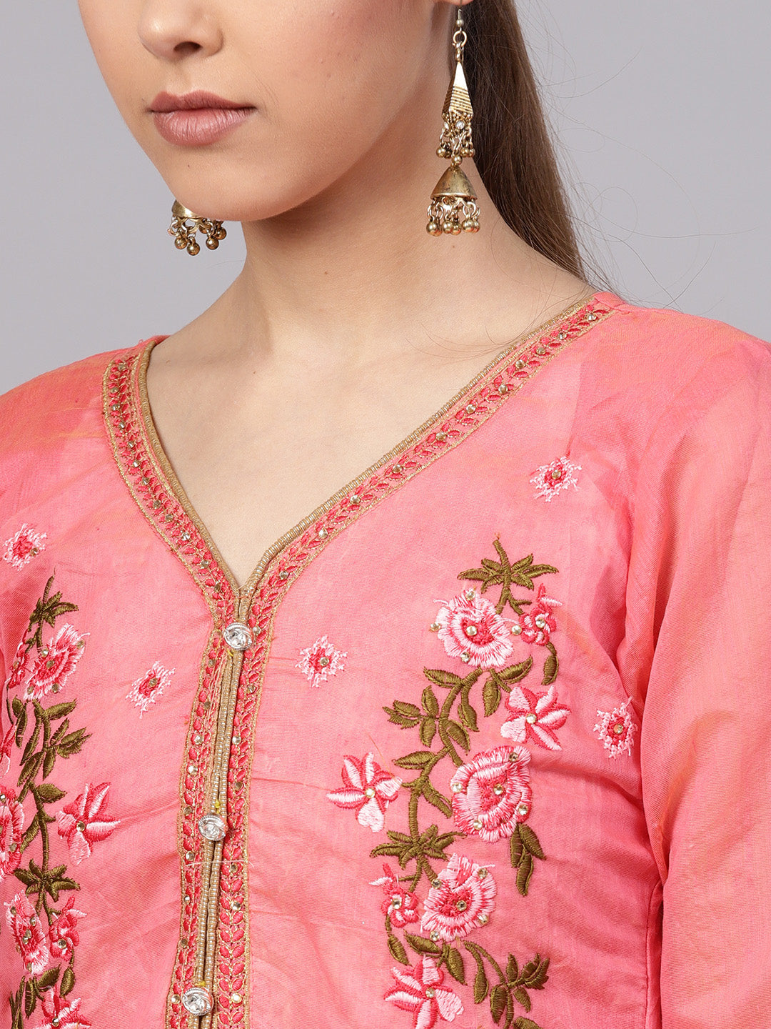 Ishin Women's Chanderi Silk Pink Embroidered A-Line Kurta With Churidar & Dupatta