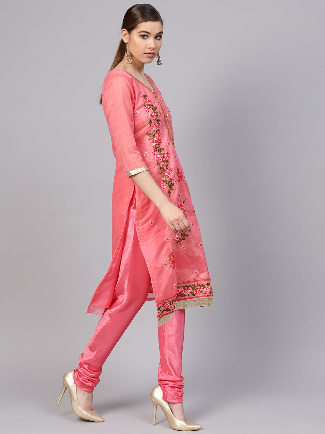 Ishin Women's Chanderi Silk Pink Embroidered A-Line Kurta With Churidar & Dupatta