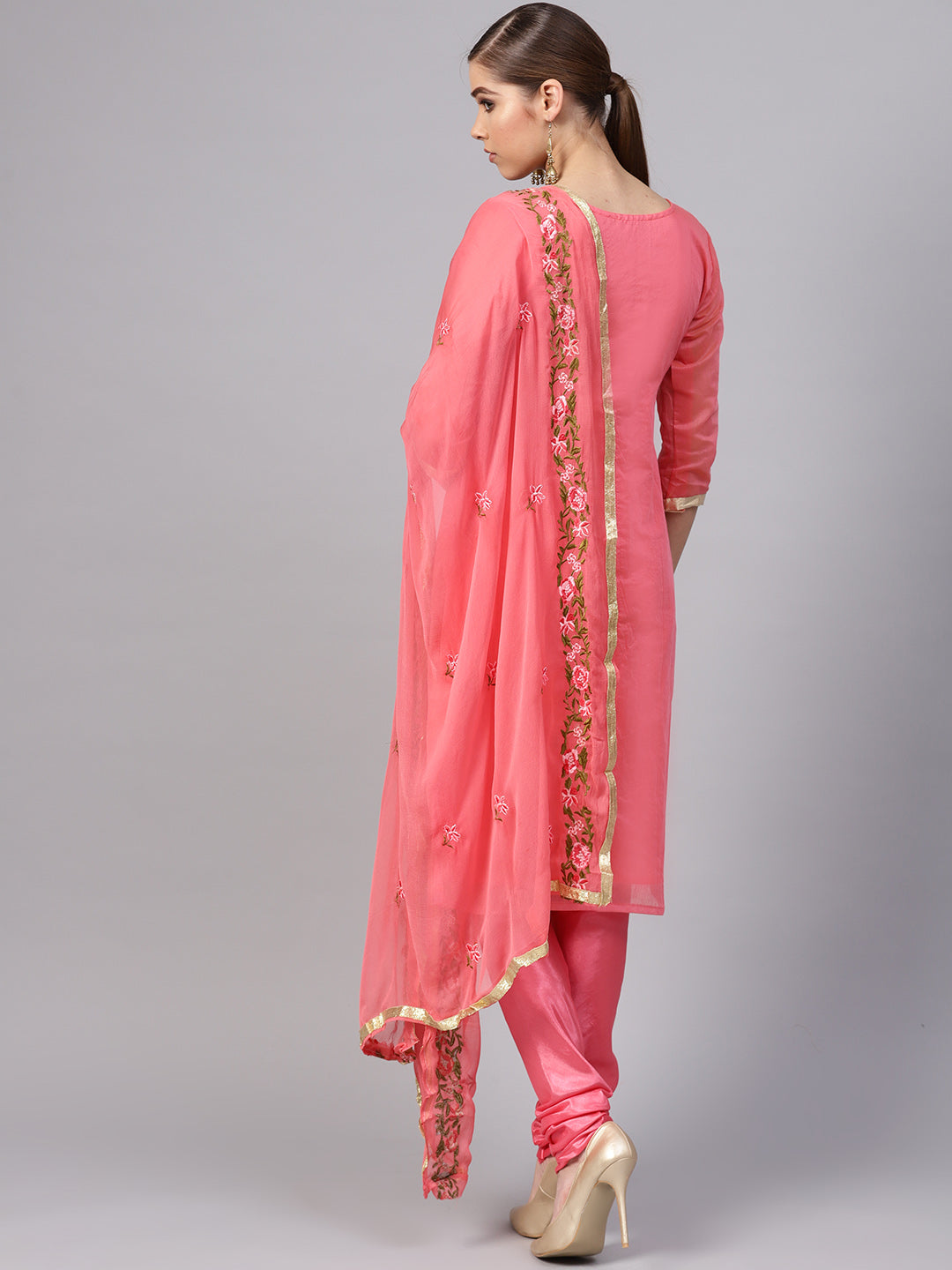 Ishin Women's Chanderi Silk Pink Embroidered A-Line Kurta With Churidar & Dupatta