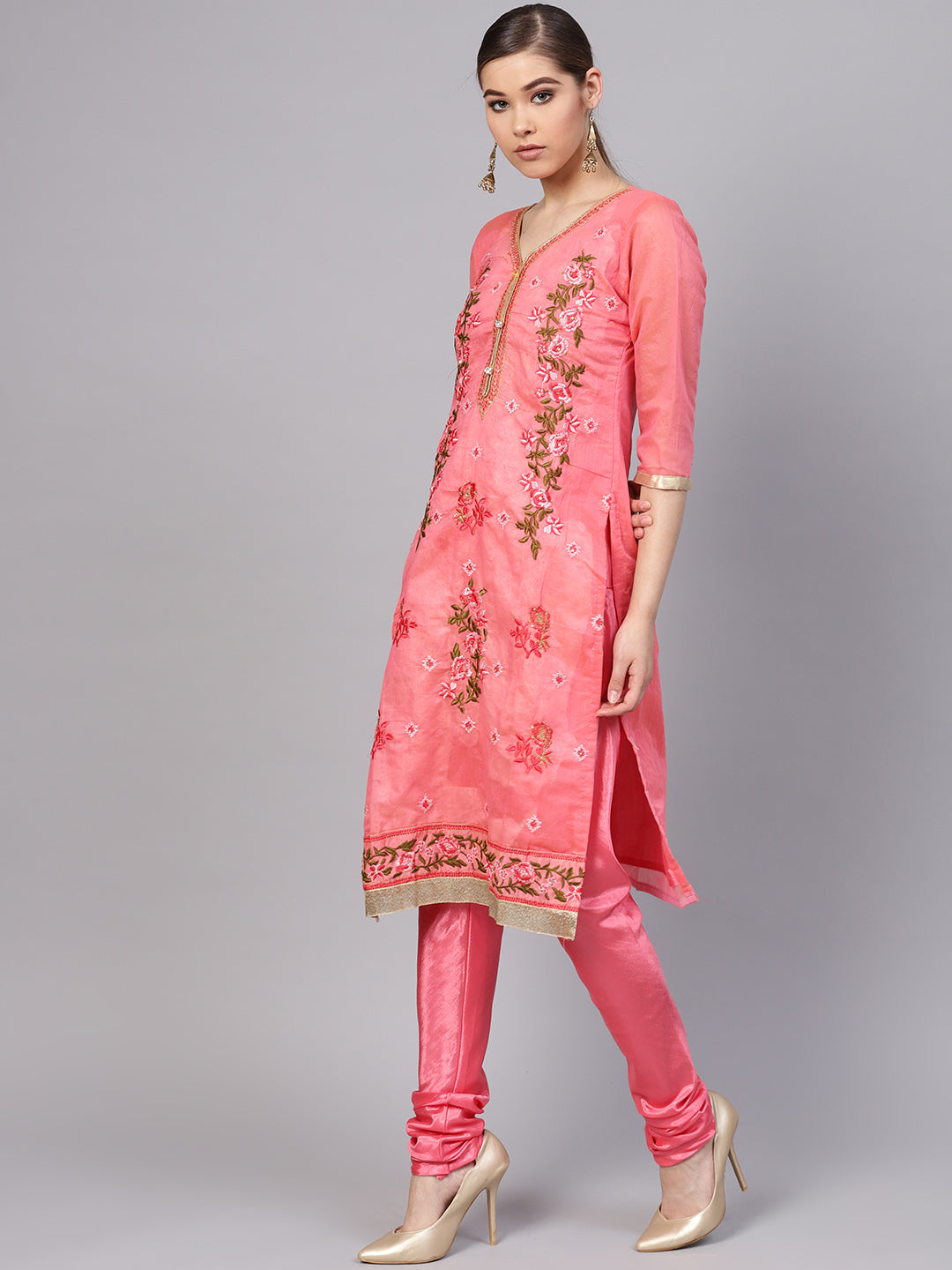 Ishin Women's Chanderi Silk Pink Embroidered A-Line Kurta With Churidar & Dupatta