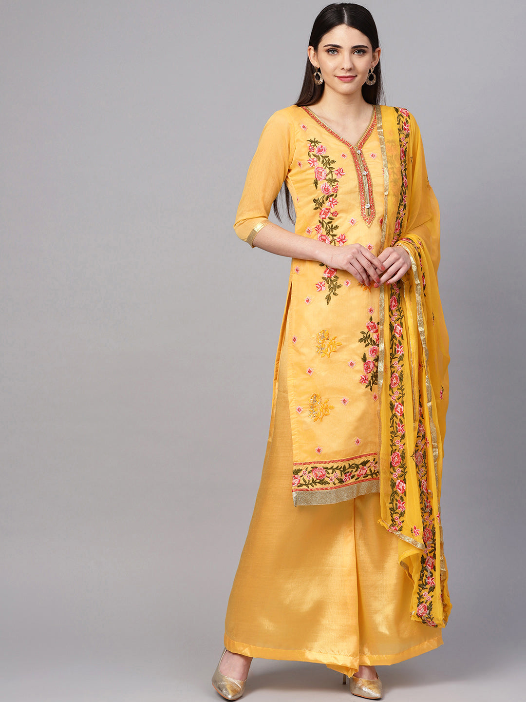 Ishin Women's Chanderi Silk Yellow Embroidered A-Line Kurta With Palazzo & Dupatta