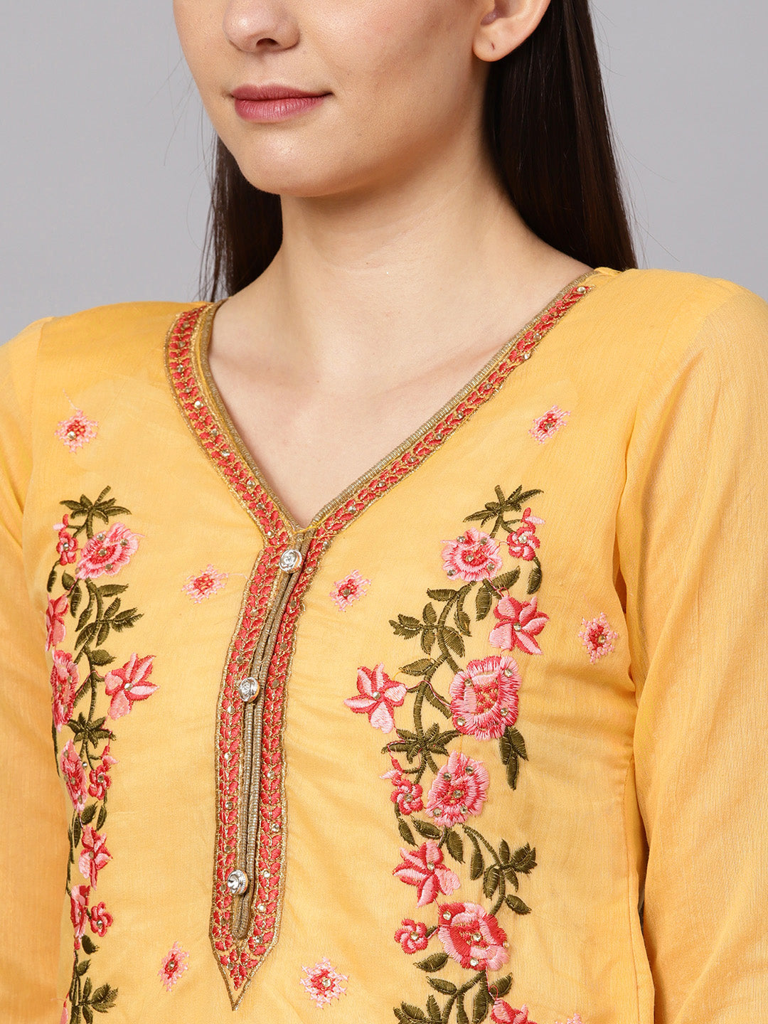 Ishin Women's Chanderi Silk Yellow Embroidered A-Line Kurta With Palazzo & Dupatta