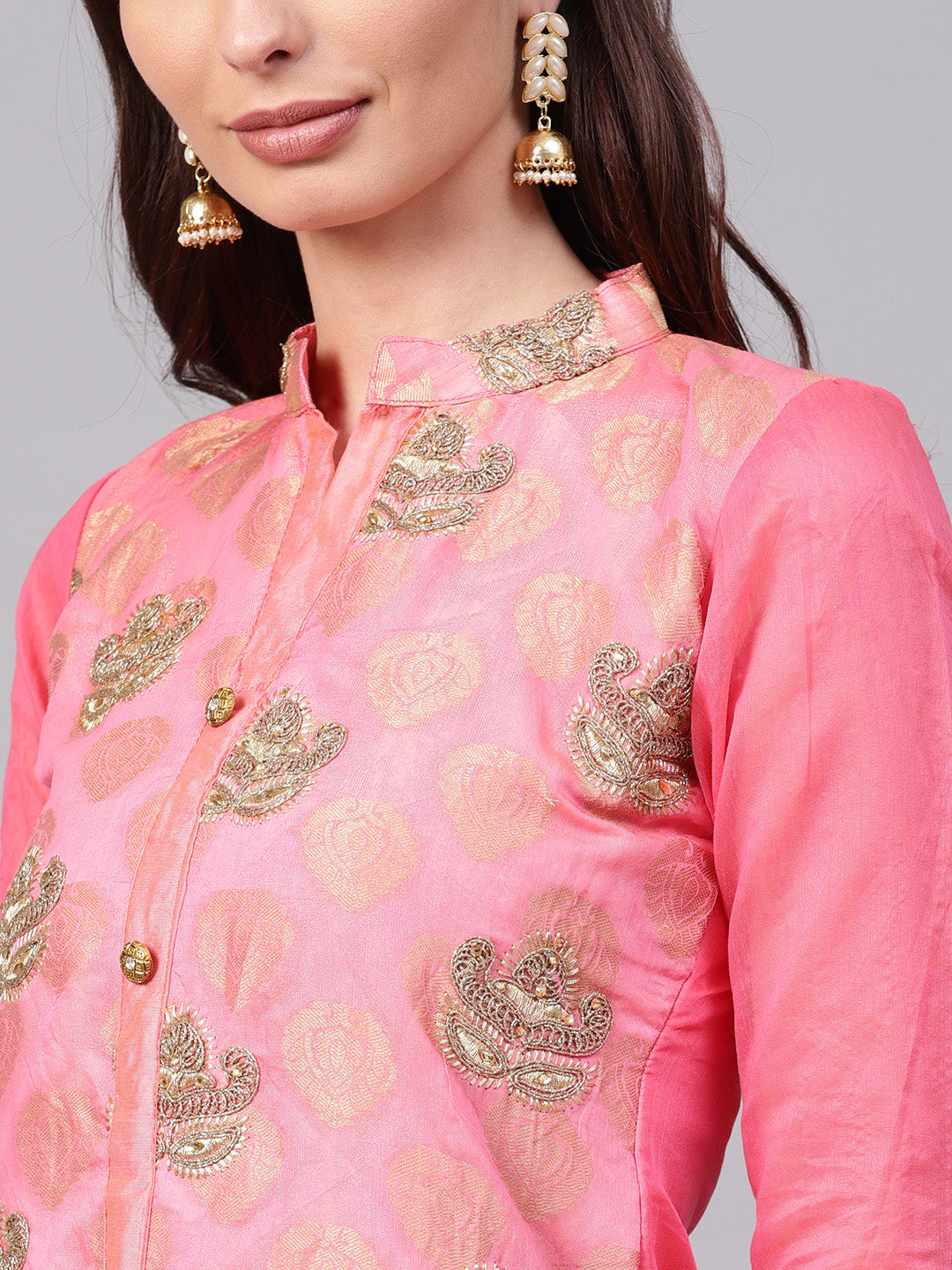 Ishin Women's Chanderi Silk Pink Embroidered A-Line Kurta With Skirt & Dupatta