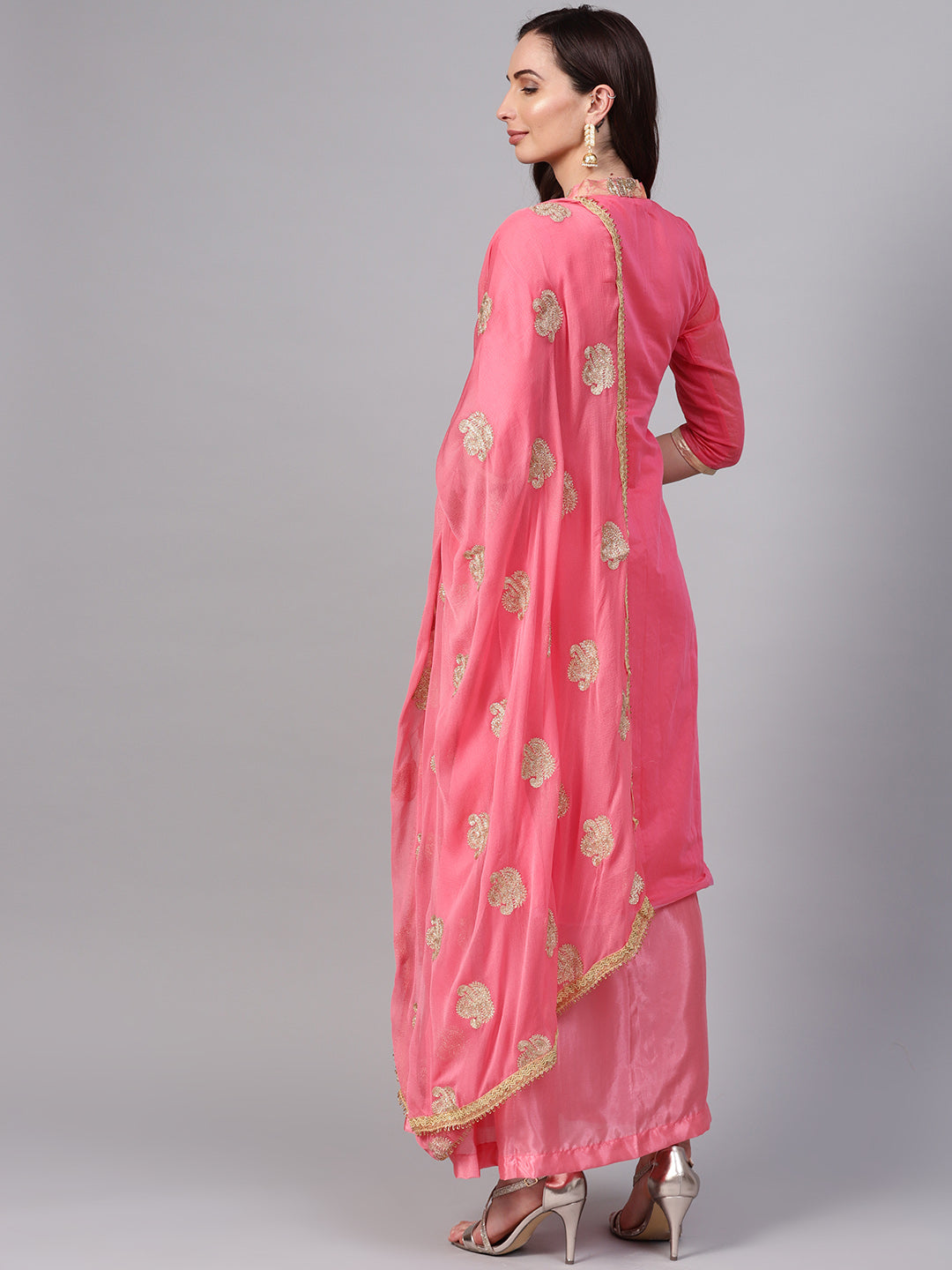 Ishin Women's Chanderi Silk Pink Embroidered A-Line Kurta With Skirt & Dupatta