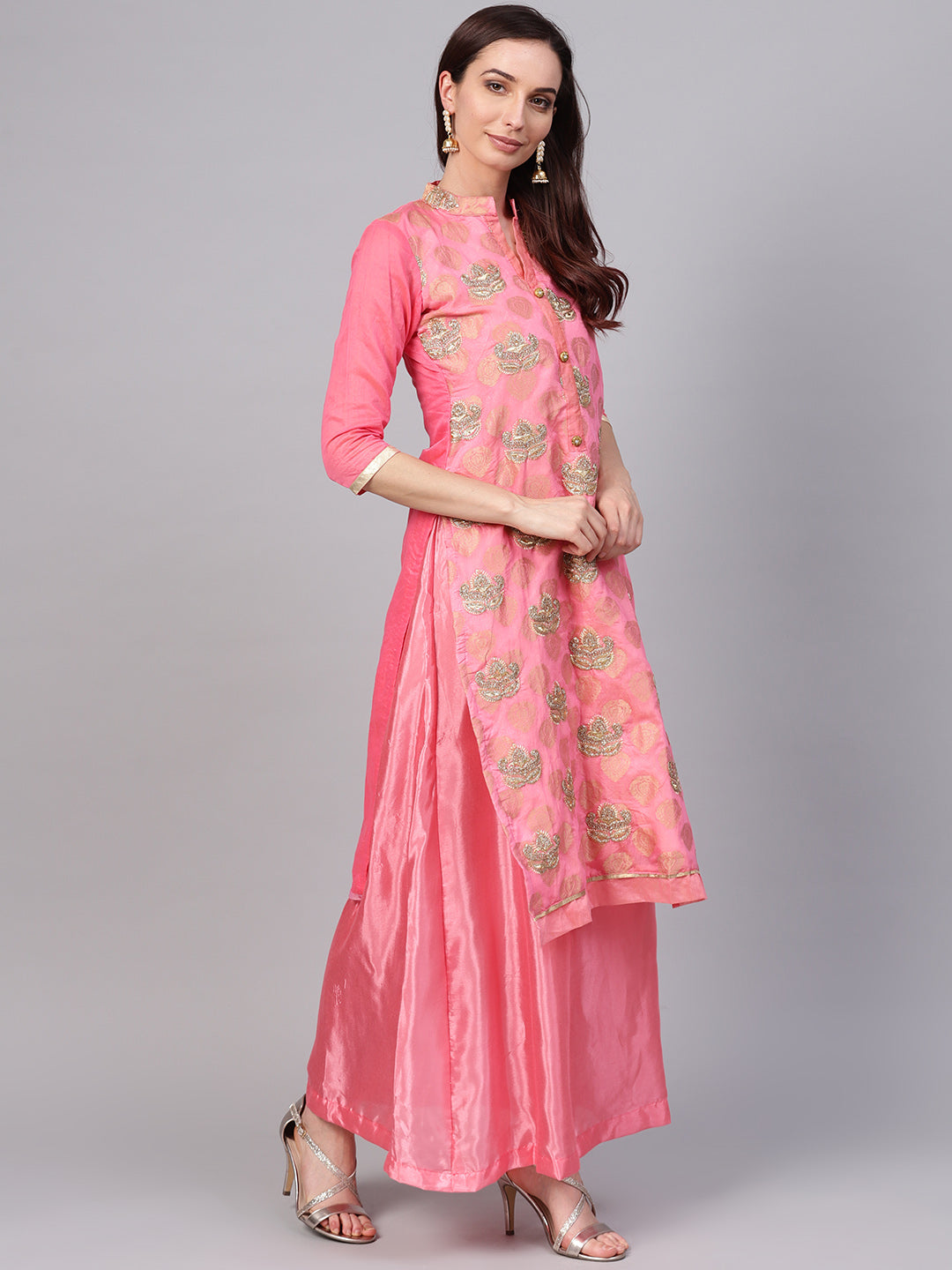 Ishin Women's Chanderi Silk Pink Embroidered A-Line Kurta With Skirt & Dupatta