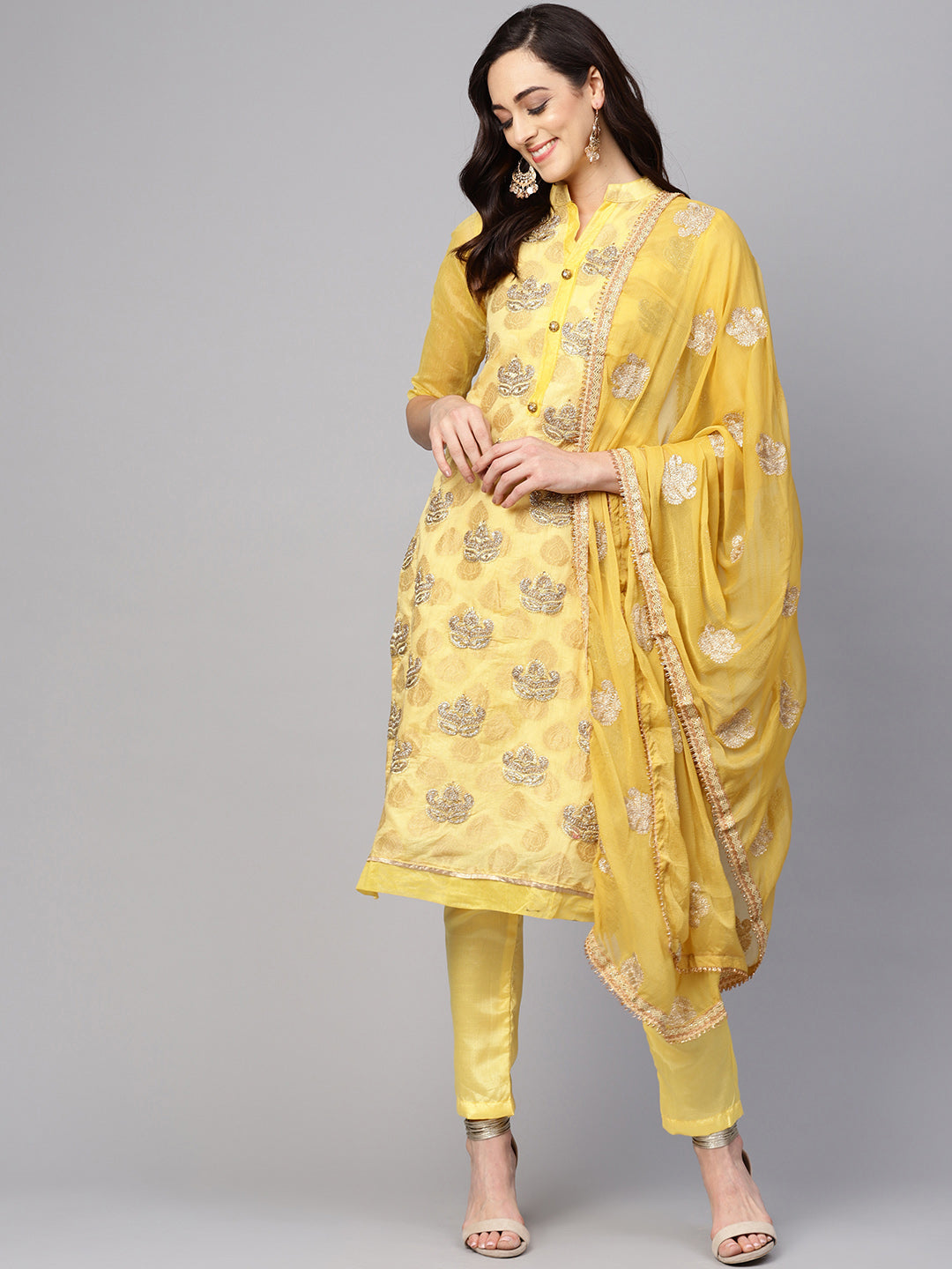 Ishin Women's Chanderi Silk Yellow Embroidered A-Line Kurta With Trouser & Dupatta