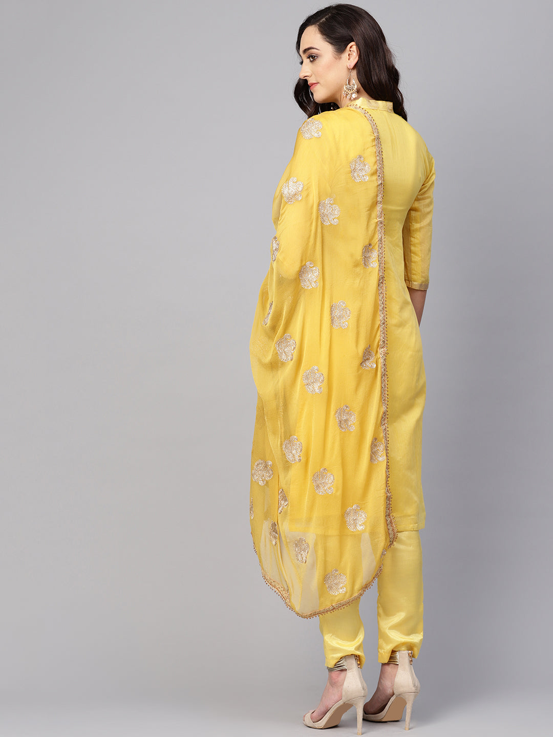 Ishin Women's Chanderi Silk Yellow Embroidered A-Line Kurta With Trouser & Dupatta