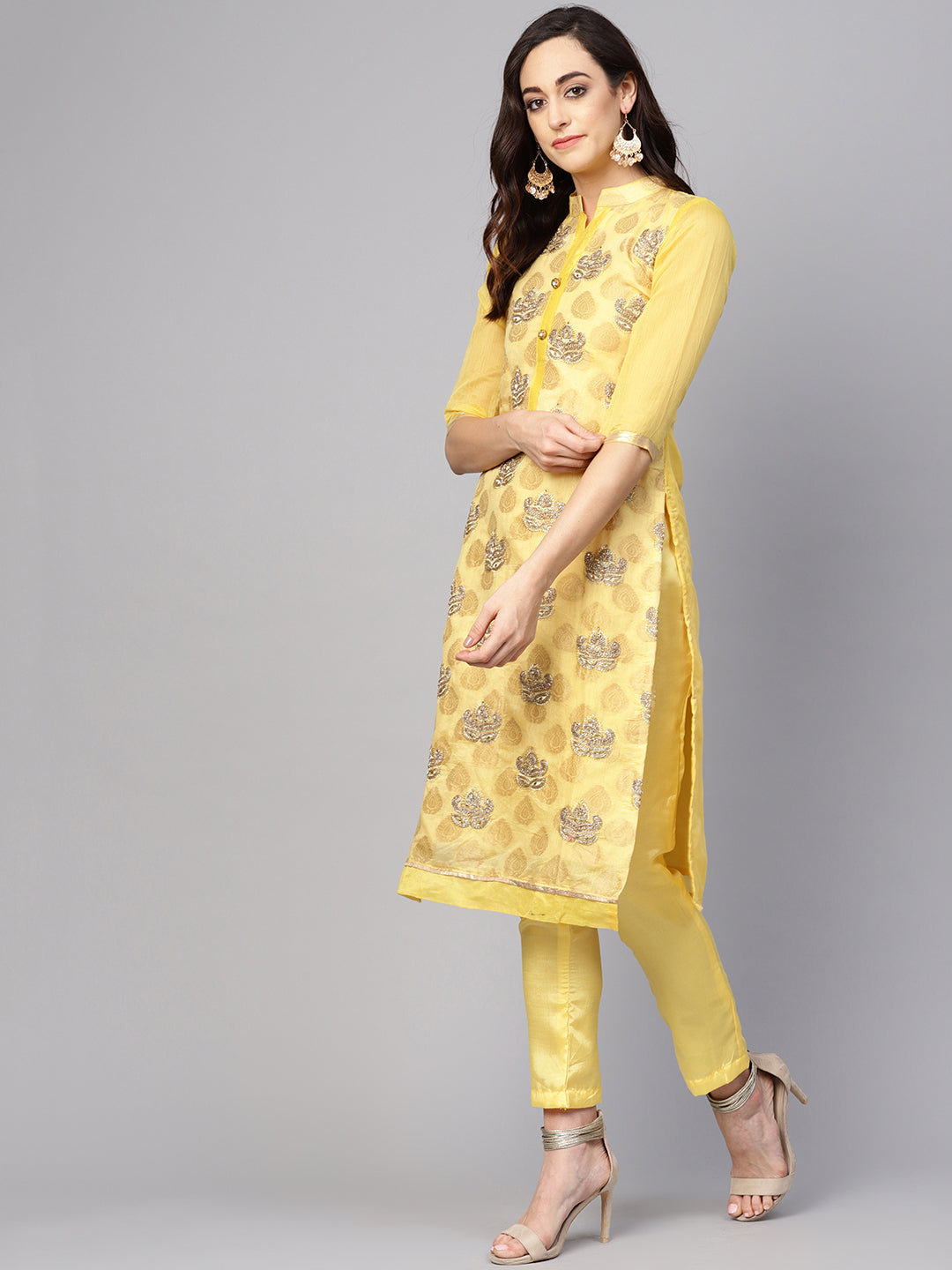 Ishin Women's Chanderi Silk Yellow Embroidered A-Line Kurta With Trouser & Dupatta