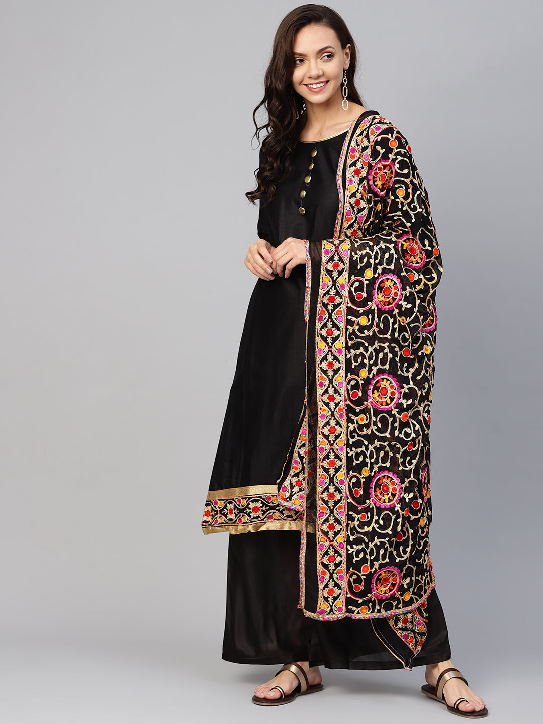 Ishin Women's Cotton Black Solid A-Line Kurta With Palazzo & Dupatta