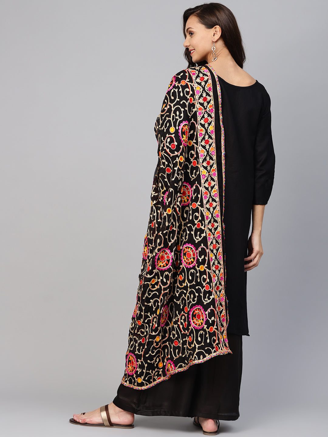 Ishin Women's Cotton Black Solid A-Line Kurta With Palazzo & Dupatta