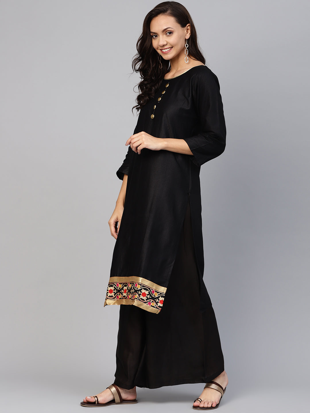 Ishin Women's Cotton Black Solid A-Line Kurta With Palazzo & Dupatta