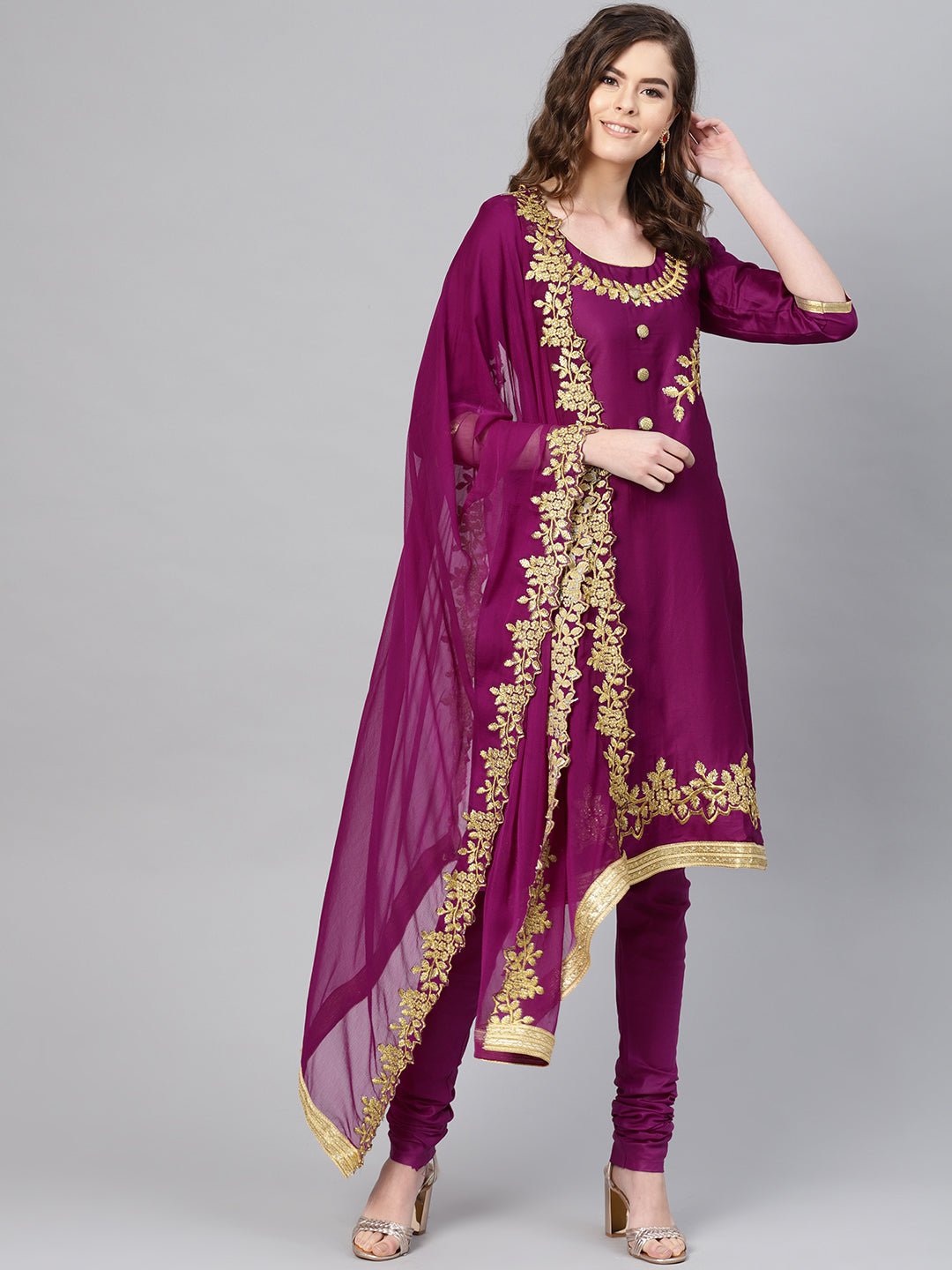 Ishin Women's Poly Cotton Purple Embroidered A-Line Kurta With Churidar & Dupatta