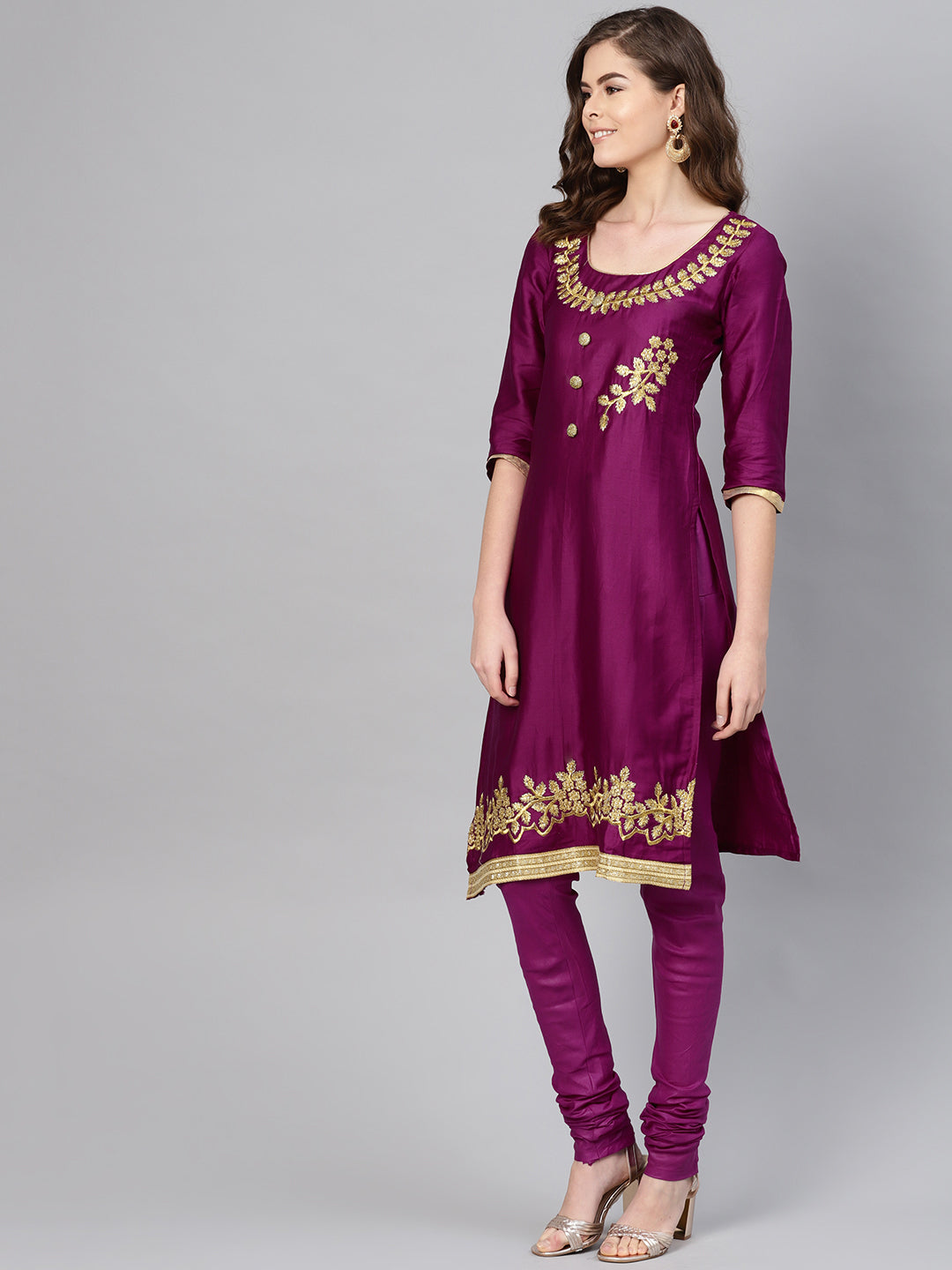 Ishin Women's Poly Cotton Purple Embroidered A-Line Kurta With Churidar & Dupatta