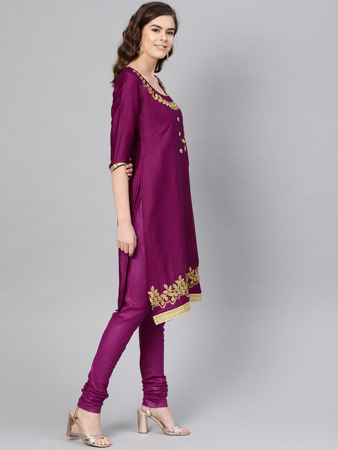 Ishin Women's Poly Cotton Purple Embroidered A-Line Kurta With Churidar & Dupatta