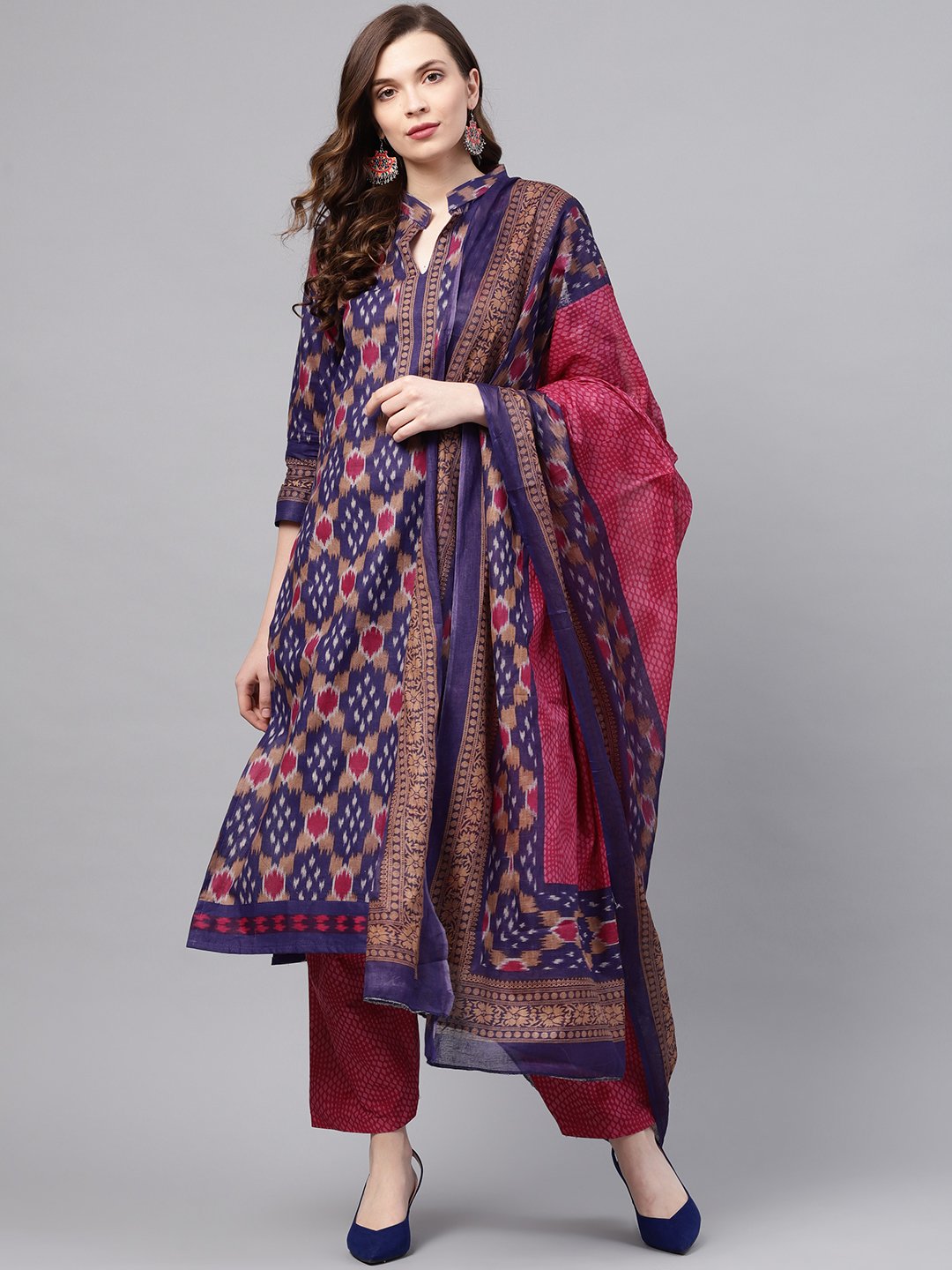 Ishin Women's Cotton Purple & Pink Printed A-Line Kurta With Trouser & Dupatta