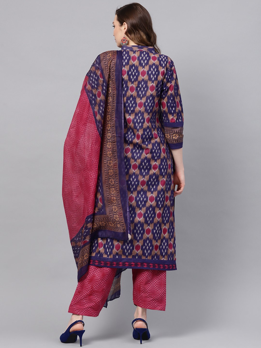 Ishin Women's Cotton Purple & Pink Printed A-Line Kurta With Trouser & Dupatta