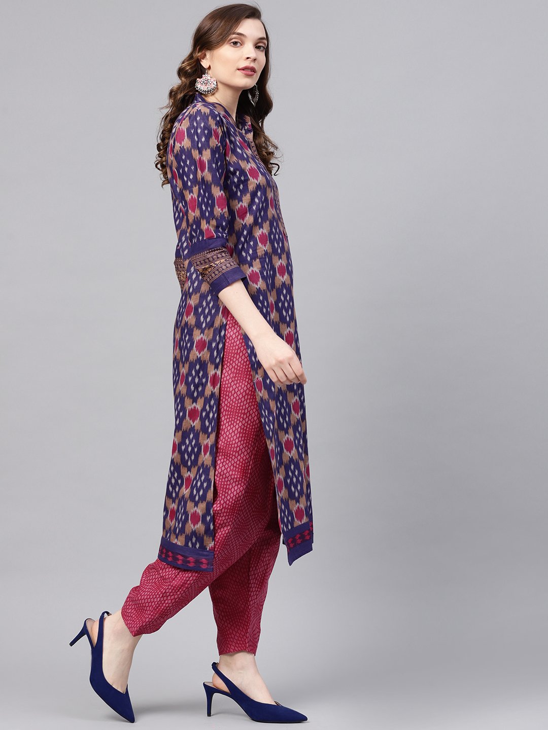 Ishin Women's Cotton Purple & Pink Printed A-Line Kurta With Trouser & Dupatta Set