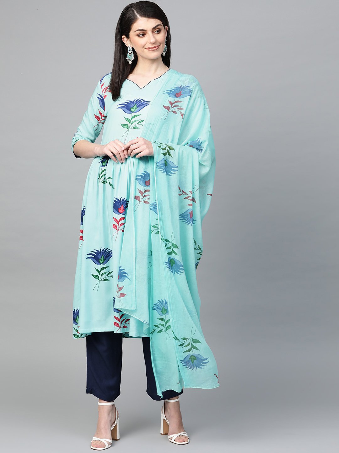 Ishin Women's Rayon Blue Printed Anarkali Kurta Palazzo Dupatta Set